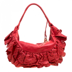Pre Owned Dior Red Leather Large Gypsy Ruffle Hobo Bag