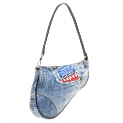 Pre Owned Dior Blue/Black Denim and Leather Saddle Bag