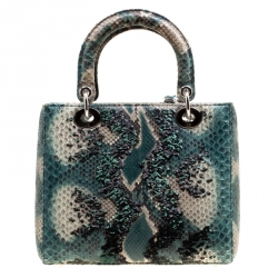 Pre Owned Dior Green Python and Sequin Medium Lady Dior Top Handle Bag