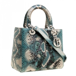 Pre Owned Dior Green Python and Sequin Medium Lady Dior Top Handle Bag
