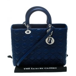 Pre Owned Dior Blue Leather Large Lady Dior Top Handle Bag