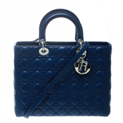 Pre Owned Dior Blue Leather Large Lady Dior Top Handle Bag