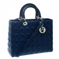 Pre Owned Dior Blue Leather Large Lady Dior Top Handle Bag