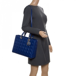 Pre Owned Dior Blue Leather Large Lady Dior Top Handle Bag