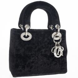 Pre Owned Dior Black Velvet Swarovski Crystals Micro Lady Dior Bag