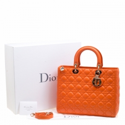 Pre Owned Dior Orange Leather Large Lady Dior Top Handle Bag