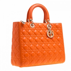 Pre Owned Dior Orange Leather Large Lady Dior Top Handle Bag