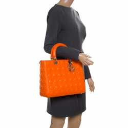 Pre Owned Dior Orange Leather Large Lady Dior Top Handle Bag