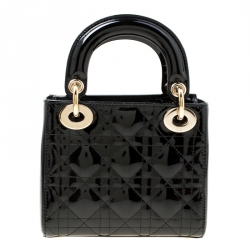 Pre Owned Dior Black Patent Leather Mini Chain Lady Dior Top Handle Bag
