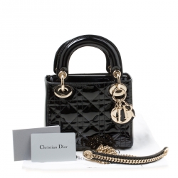 Pre Owned Dior Black Patent Leather Mini Chain Lady Dior Top Handle Bag