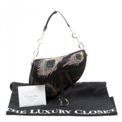 Pre Owned Dior Black Satin Mini Limited Edition Bead Embroidered Feather Saddle Bag