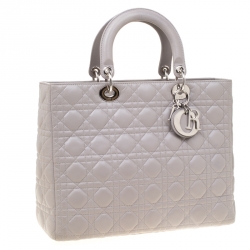 Pre Owned Dior Grey Leather Large Lady Dior Top Handle Bag