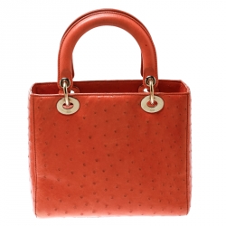 Pre Owned Dior Orange Ostrich Medium Lady Dior Top Handle Bag