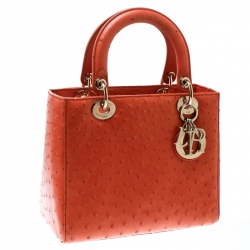 Pre Owned Dior Orange Ostrich Medium Lady Dior Top Handle Bag