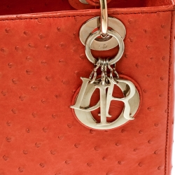 Pre Owned Dior Orange Ostrich Medium Lady Dior Top Handle Bag