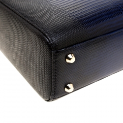 Pre Owned Dior Black/Blue Lizard Skin Leather Mini Lady Dior Top Handle Bag