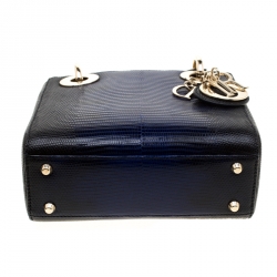 Pre Owned Dior Black/Blue Lizard Skin Leather Mini Lady Dior Top Handle Bag
