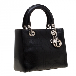 Pre Owned Dior Black Leather Medium Lady Dior Top Handle Bag