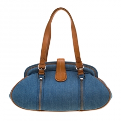 Pre Owned Dior Blue Denim Floral Embroided Frame Satchel 