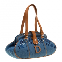 Pre Owned Dior Blue Denim Floral Embroided Frame Satchel 