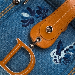 Pre Owned Dior Blue Denim Floral Embroided Frame Satchel 