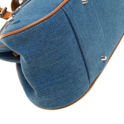 Pre Owned Dior Blue Denim Floral Embroided Frame Satchel 