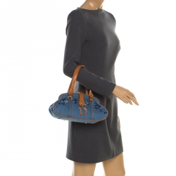 Pre Owned Dior Blue Denim Floral Embroided Frame Satchel 