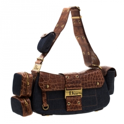 مملوكة مسبقًا Dior Blue/Brown Denim and Crocodile Street Chic Columbus Avenue Multipocket Shoulder Bag