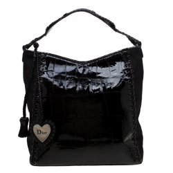 Pre Owned Dior Black Patent Leather and Diorissimo Nylon Lace Up Braided Handle Hobo