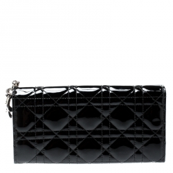 Pre Owned Dior Black Cannage Patent Leather Lady Dior Wallet on Chain