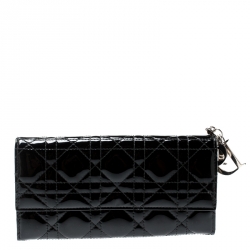 Pre Owned Dior Black Cannage Patent Leather Lady Dior Wallet on Chain