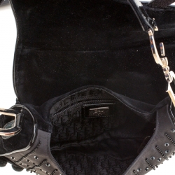 Pre Owned Dior Black Velvet/Nylon and Leather Pom Pom Embellished Saddle Bag
