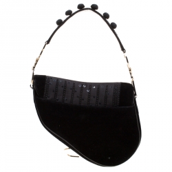 Pre Owned Dior Black Velvet/Nylon and Leather Pom Pom Embellished Saddle Bag