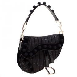 Pre Owned Dior Black Velvet/Nylon and Leather Pom Pom Embellished Saddle Bag