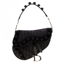 Pre Owned Dior Black Velvet/Nylon and Leather Pom Pom Embellished Saddle Bag