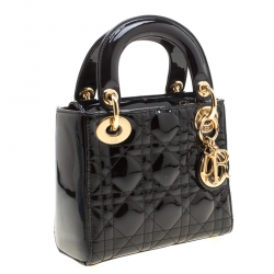 Pre Owned Dior Black Patent Leather Mini Lady Dior Top Handle Bag