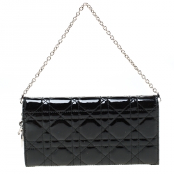 مملوكة مسبقًا Dior Black Cannage Patent Leather Wallet on Chain