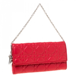 Pre Owned Dior Red Cannage Leather Lady Dior Wallet On Chain