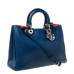 مملوكة مسبقًا حقيبة يد ديور شوبر ديوريسيمو كبيرة جلد زرقاء
