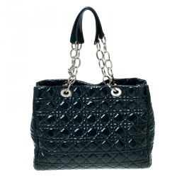 Pre Owned Dior Dark Green Cannage Quilted Patent Leather Medium Shopper Tote