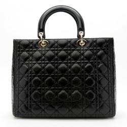 Pre Owned Christian Dior Black Cannage Lambskin 'Lady Dior' Large Top Handle Tote