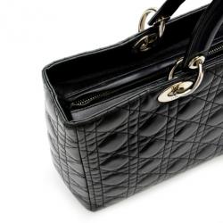 Pre Owned Christian Dior Black Cannage Lambskin 'Lady Dior' Large Top Handle Tote