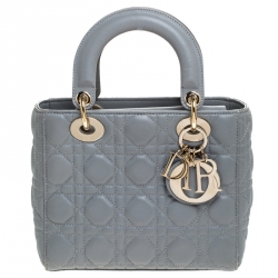 Pre Owned Dior Grey Leather Small Lucky Badges My Lady Dior Tote
