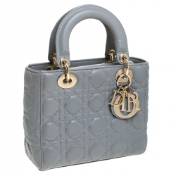 Pre Owned Dior Grey Leather Small Lucky Badges My Lady Dior Tote