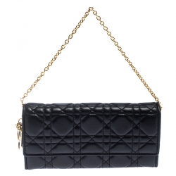 Pre Owned Dior Black Quilted Cannage Leather Lady Dior Wallet on Chain