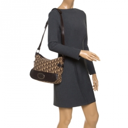 Pre Owned حقيبة كتف ديور جلد وكانفاس نقش ديورسيما اوبليك بني / بيج 