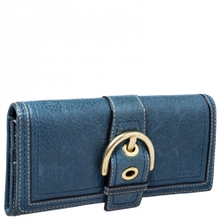 Pre Owned Coach Blue Leather Buckle Strap Flap Continental Wallet