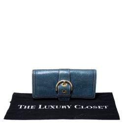 Pre Owned Coach Blue Leather Buckle Strap Flap Continental Wallet