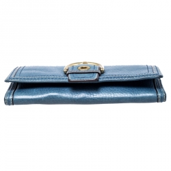 Pre Owned Coach Blue Leather Buckle Strap Flap Continental Wallet