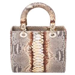 Pre Owned Dior Beige/Gold Python Medium Lady Dior Tote